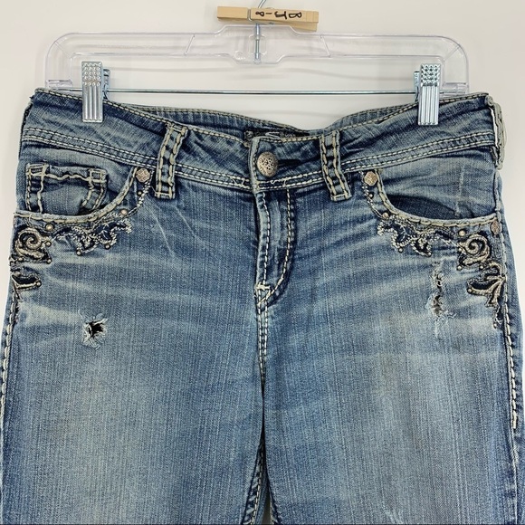 Silver Jeans Suki Flap Pocket Thick Stitch Destroyed Embellished Holey Knees - Picture 16 of 16